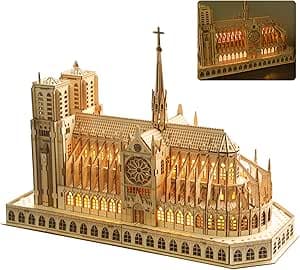 3D Wooden Puzzles for Adults,Notre Dame de Paris Church Model Kit for Adults to Build,Led Light DIY Games Gift on Birthday Christmas,Building Puzzle 266 Pcs
