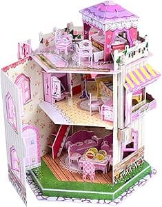 Rooftop Romance 3D Puzzle Dollhouse for Girls - Easy to Assemble 3-D Miniature Doll House Building Kit with LED Light for Kids - Educational Paper Jigsaw Puzzles - Perfect Craft Toys Gift - 101 Pcs