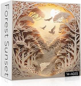 Forest Sunset Puzzles for Adults 1000 Pieces, Difficult Challenge Tree of Life Jigsaw Puzzles, Autostereoscopy River Scene Paper Art Puzzles as Wall Decor