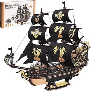ROBOTIME Seahorse 3D Wooden Puzzles for Adults, Black Sailboat Model Kits for Boys and Men, Home Office Decor Gifts Pirate Ship Building (603 Pcs)