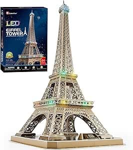CubicFun 3D Puzzle for Adults Eiffel Tower with Shining LED Lights, Romantic Paris Architecture Model Building Kits Decor, Gift for Women Men, 84 Pieces