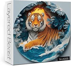 Colorful 3D Paper Cut Puzzles for Adults 1000 Pieces Art, Beautiful Plant Tiger Forest Sunset Jigsaw Puzzles, Challenging Unique Shaped Fantasy Puzzle