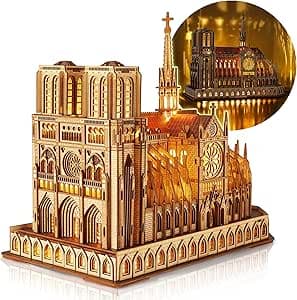 LED 3D Wood Puzzle - Notre Dame de Paris Architecture Model-Night Edition with LED Lighting- DIY Building Model Craft Kit, Architecture Building Set